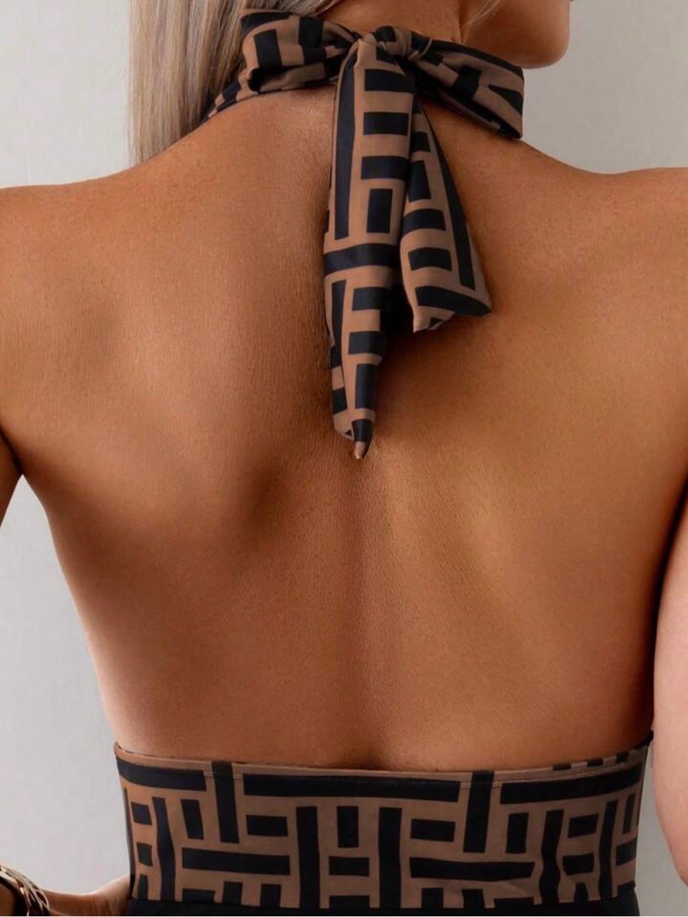 109. Geometric Halter One-Piece Swimsuit in Brown and Black - Picture 4 of 4